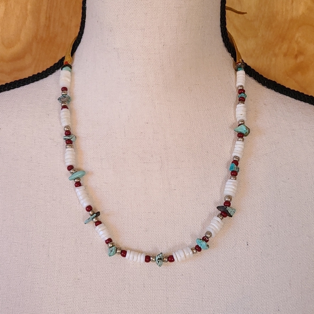 Vintage turquoise multicolored necklace with leather tie
